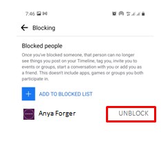 Facebook app block list