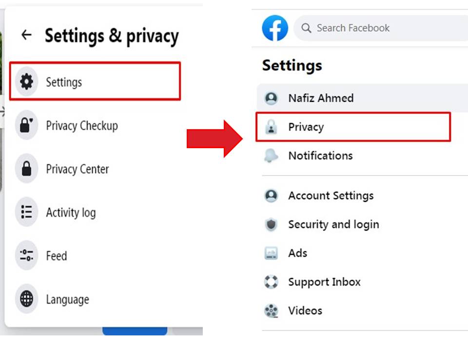 Facebook setting and privacy menu