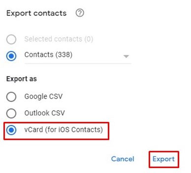 Google contact Export contact window
