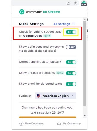 How to use Grammarly in Google Docs- turn on page