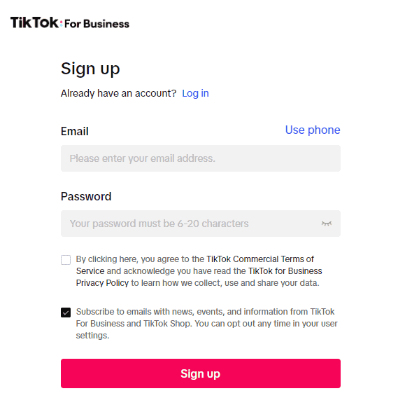 TiTok Business account Sign Up