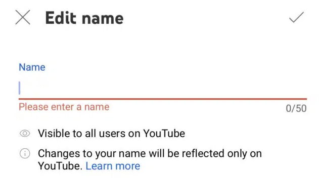 YouTube Edit Name option