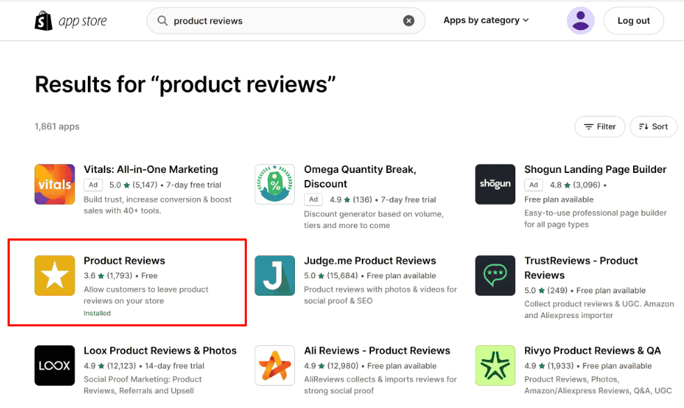 Shopify Product Reviews option